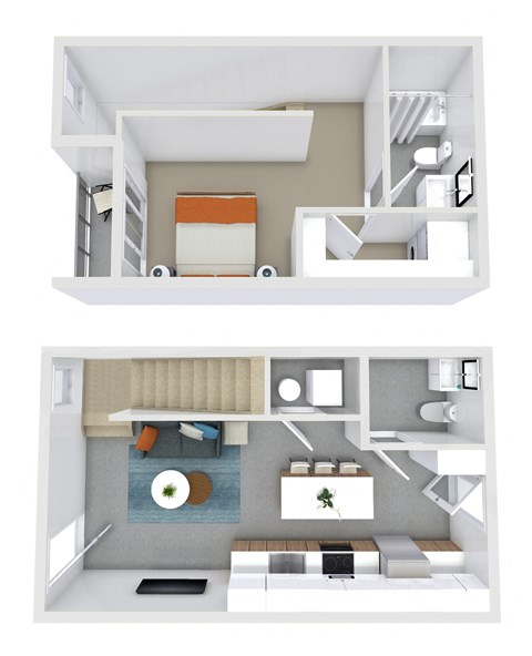 a stylized floor plan with a bedroom and living room